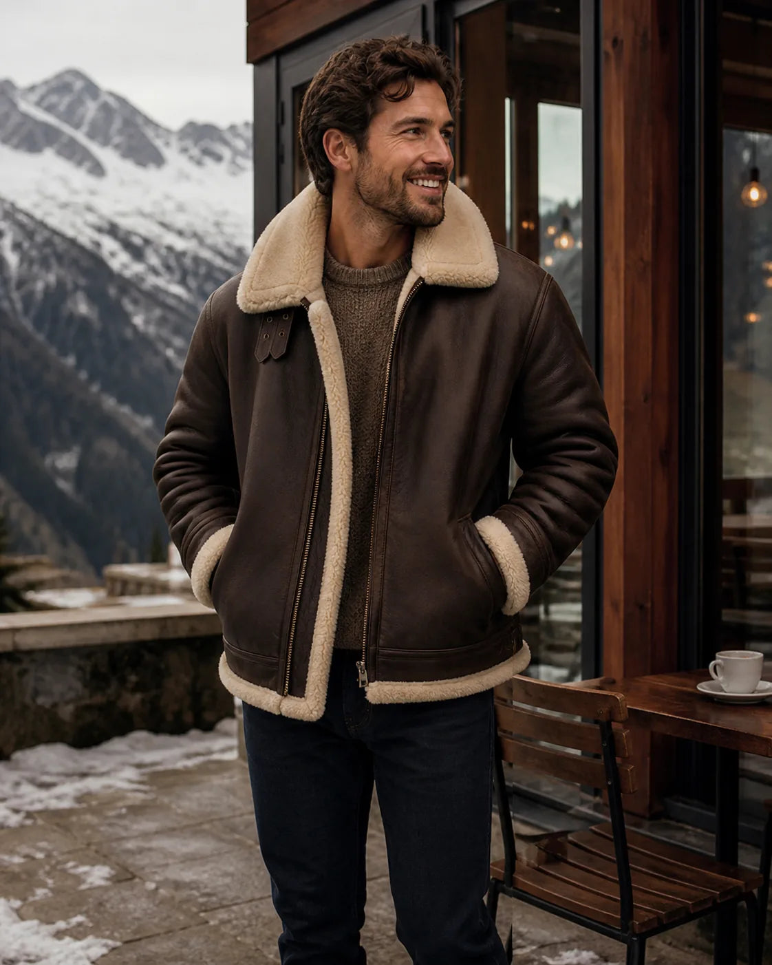 Man wearing a brown shearling leather jacket outside a mountain cafe
