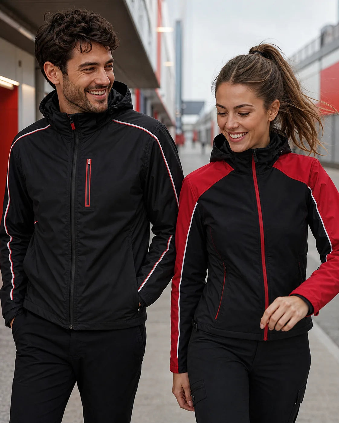 Two adults wearing black and red motorsport-inspired jackets at a race paddock