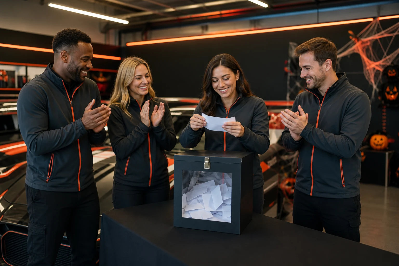 Illustrative Dash Racegear team scene opening an entry during the 2025 Halloween lucky draw in a motorsport garage
