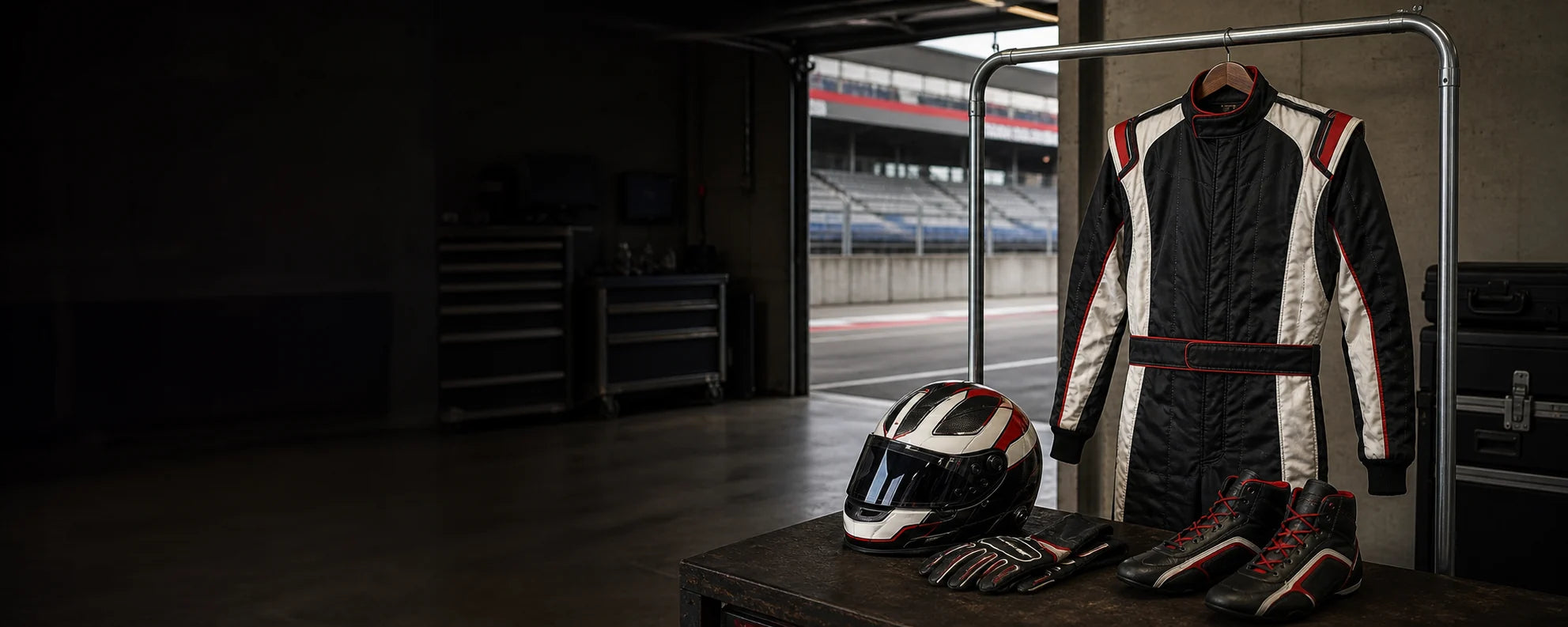 Black, white and red motorsport racing suit, helmet, gloves and shoes in a pit garage