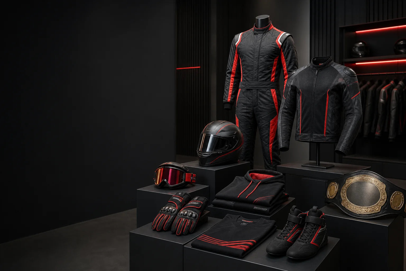 Dash Racegear racing suit, motorcycle jacket, helmet, gloves, hoodie, shirt, shoes and championship-style belt displayed in a product showroom