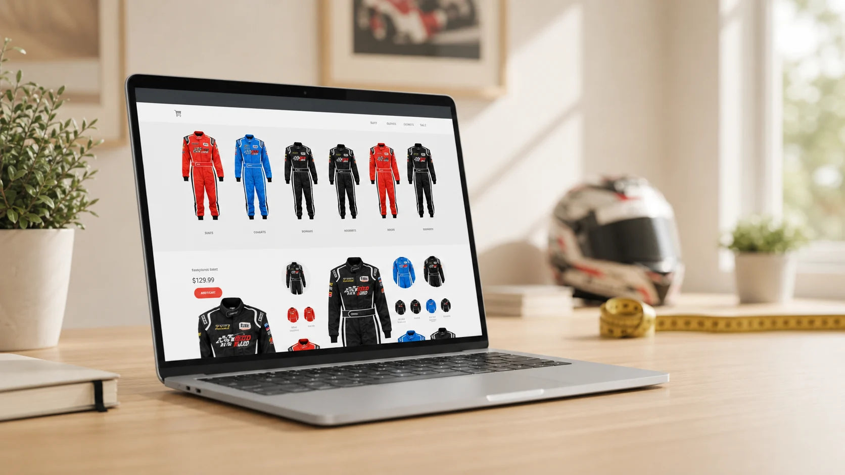 Laptop displaying youth karting suits on a bright home research desk with helmet and measuring tape by Dash Racegear