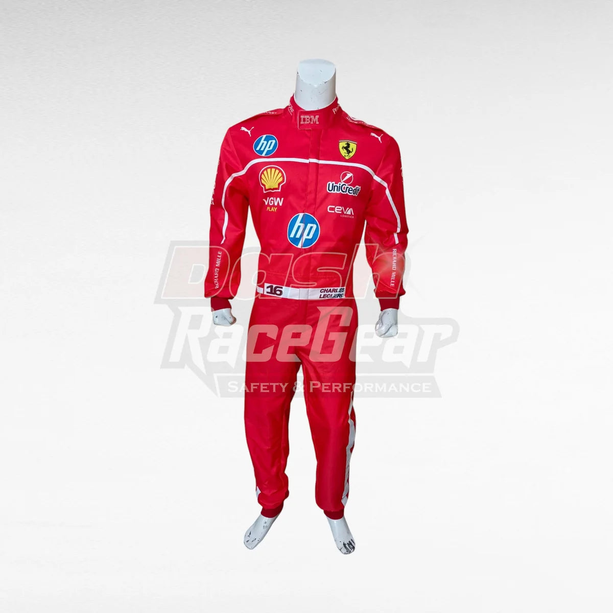 Red Ferrari Charles Leclerc replica racing suit, front view on mannequin