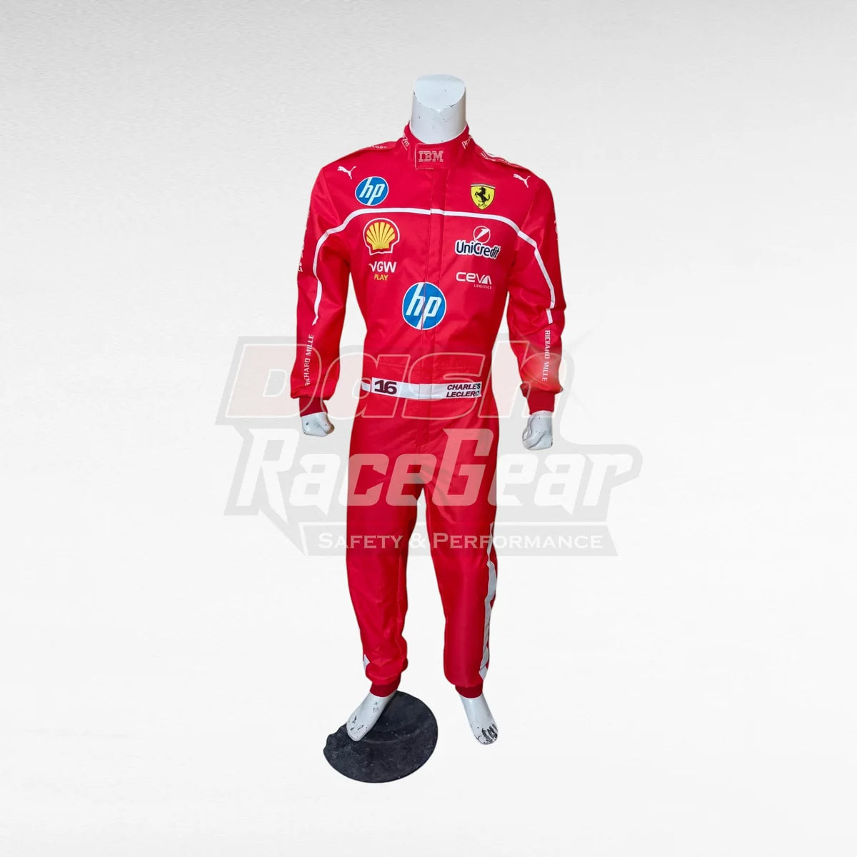 Red Ferrari Charles Leclerc replica racing suit, full front view on mannequin