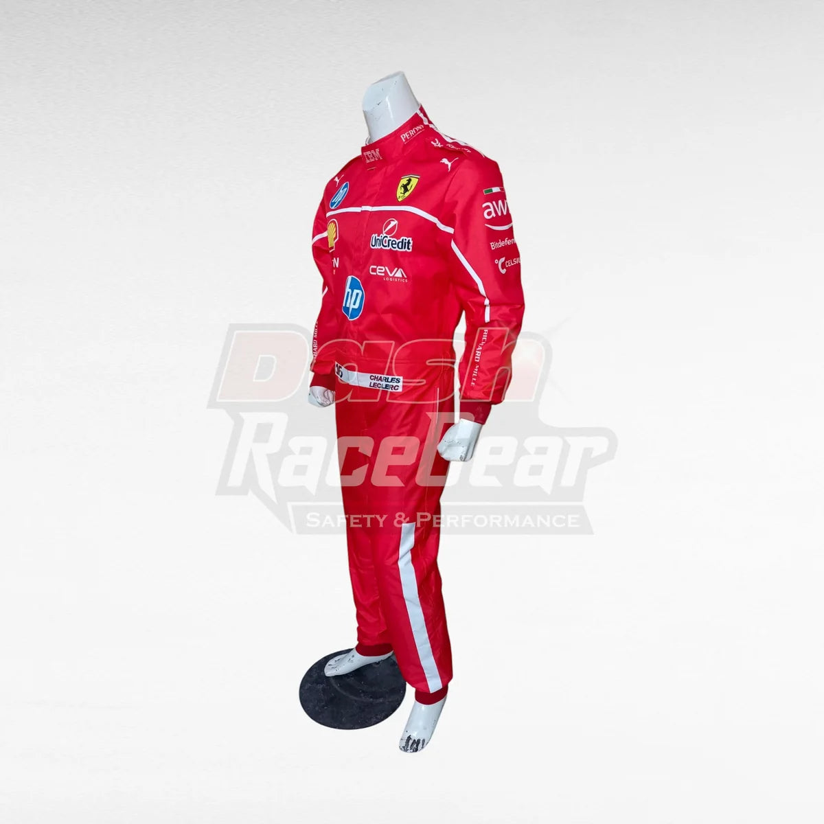 Red Ferrari Charles Leclerc replica racing suit, three-quarter view on mannequin