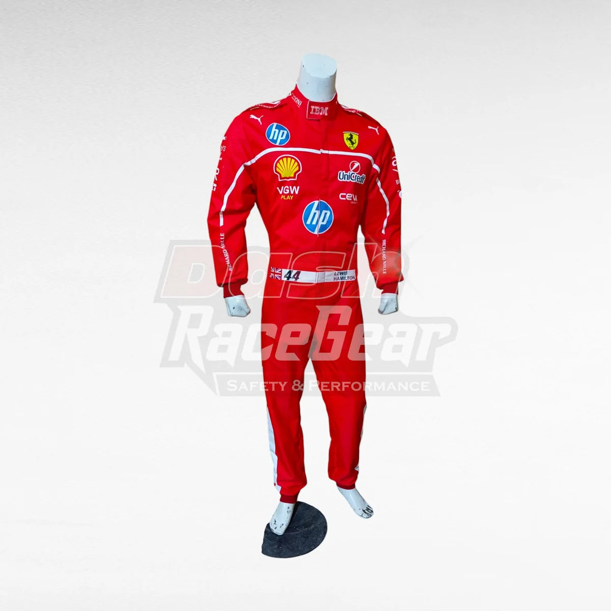 Red Ferrari Lewis Hamilton replica racing suit, front view with mannequin stand