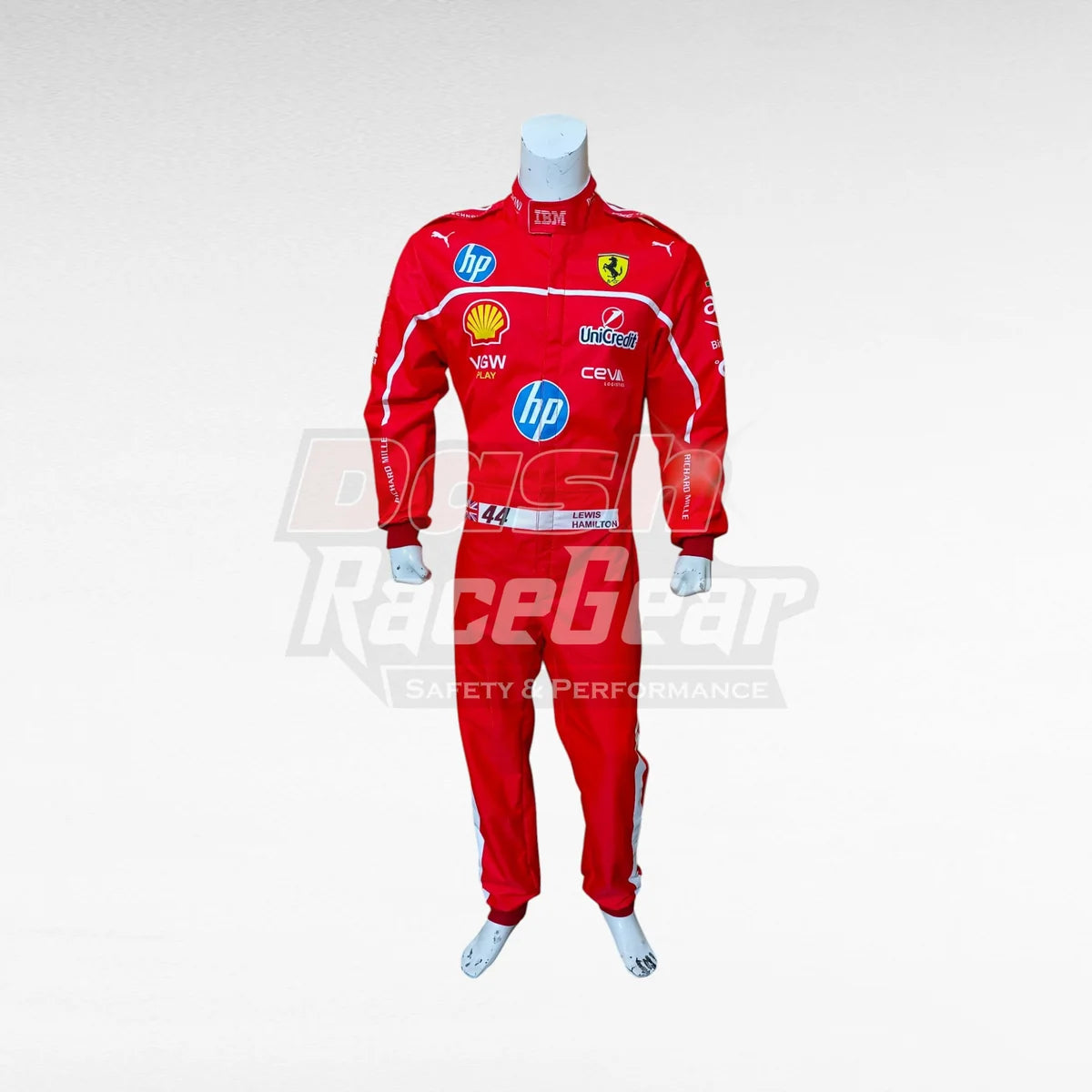 Red Ferrari Lewis Hamilton replica racing suit, front view on mannequin