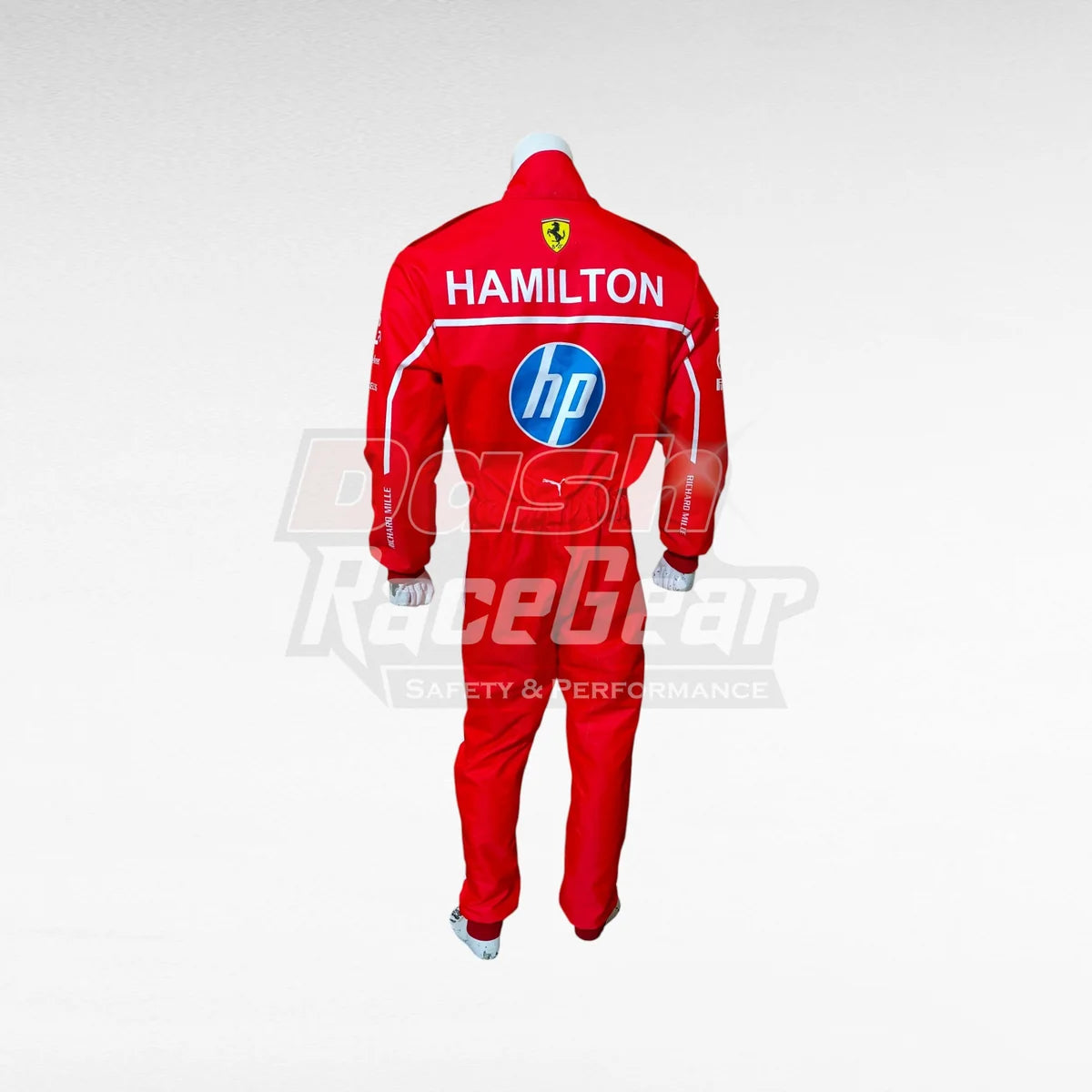 Red Ferrari Lewis Hamilton replica racing suit, rear view on mannequin