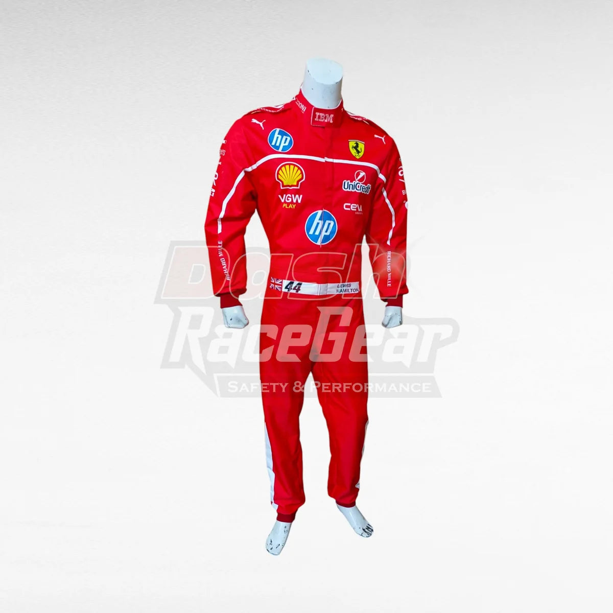 Red Ferrari Lewis Hamilton replica racing suit, three-quarter left view on mannequin