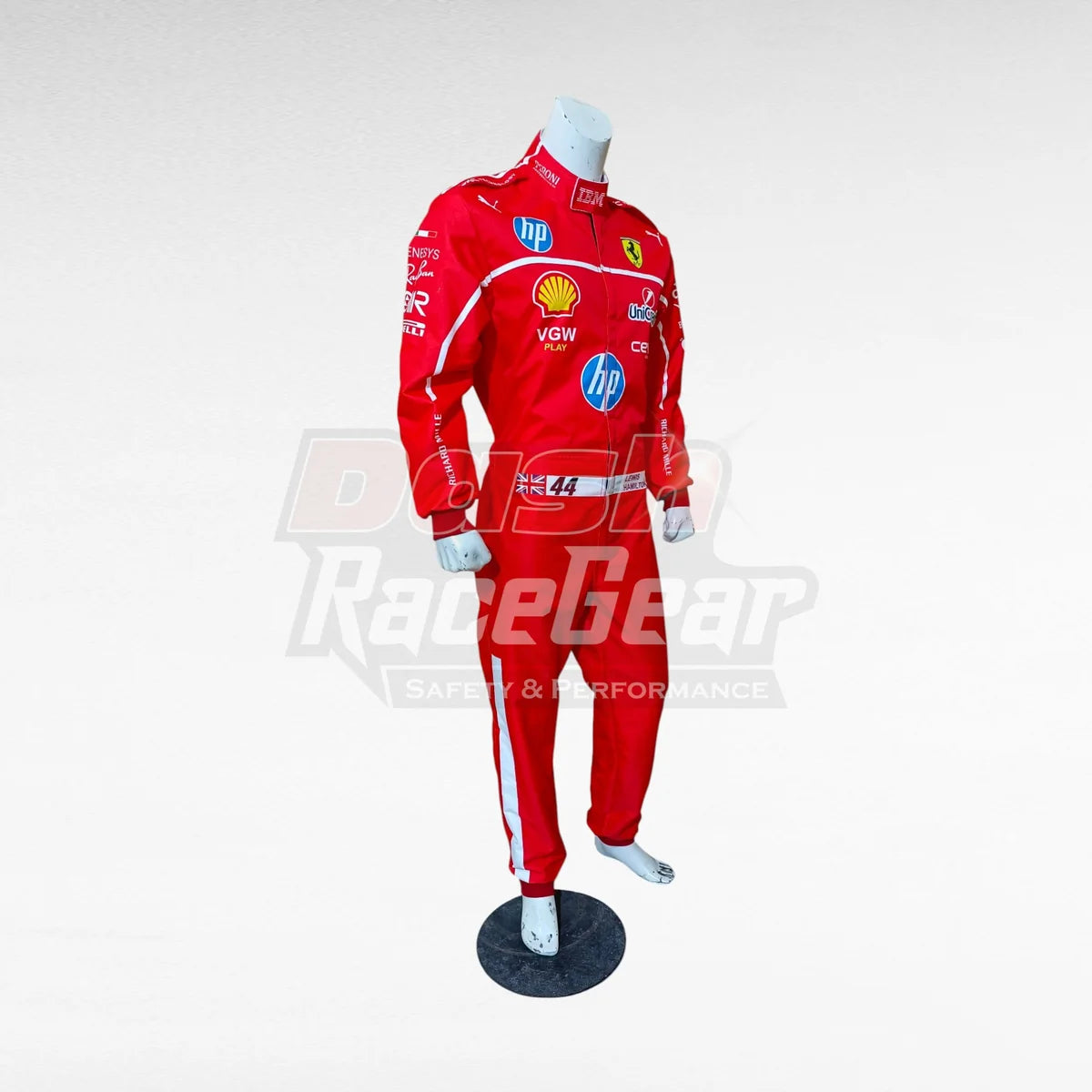 Red Ferrari Lewis Hamilton replica racing suit, three-quarter right view on mannequin