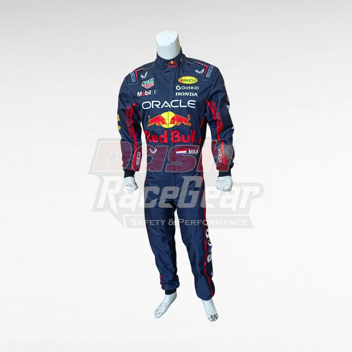 Navy Oracle Red Bull Max Verstappen replica racing suit, front view on mannequin
