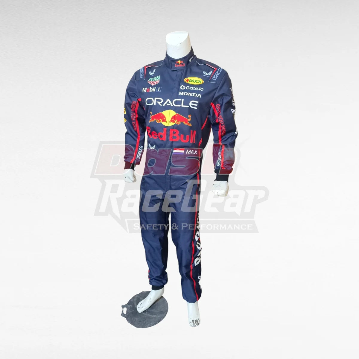 Navy Oracle Red Bull Max Verstappen replica racing suit, full front view on mannequin