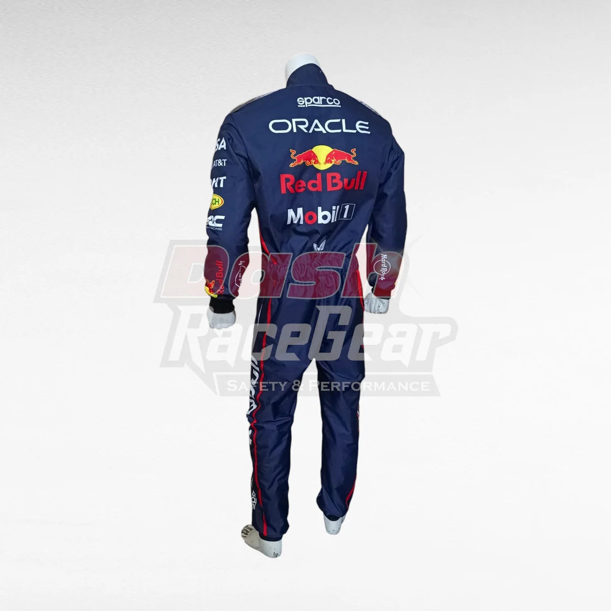 Navy Oracle Red Bull Max Verstappen replica racing suit, rear view on mannequin