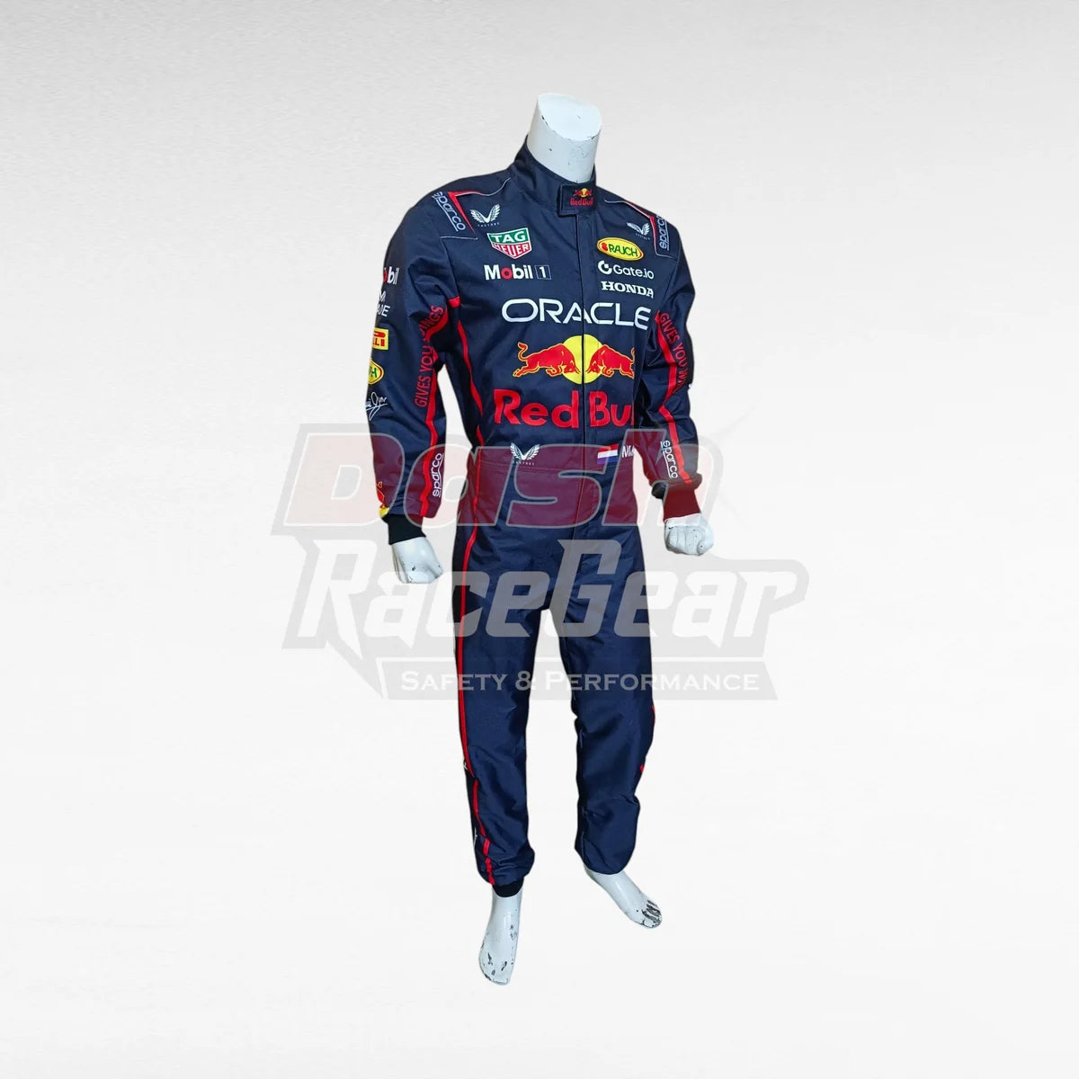 Navy Oracle Red Bull Max Verstappen replica racing suit, three-quarter left view on mannequin