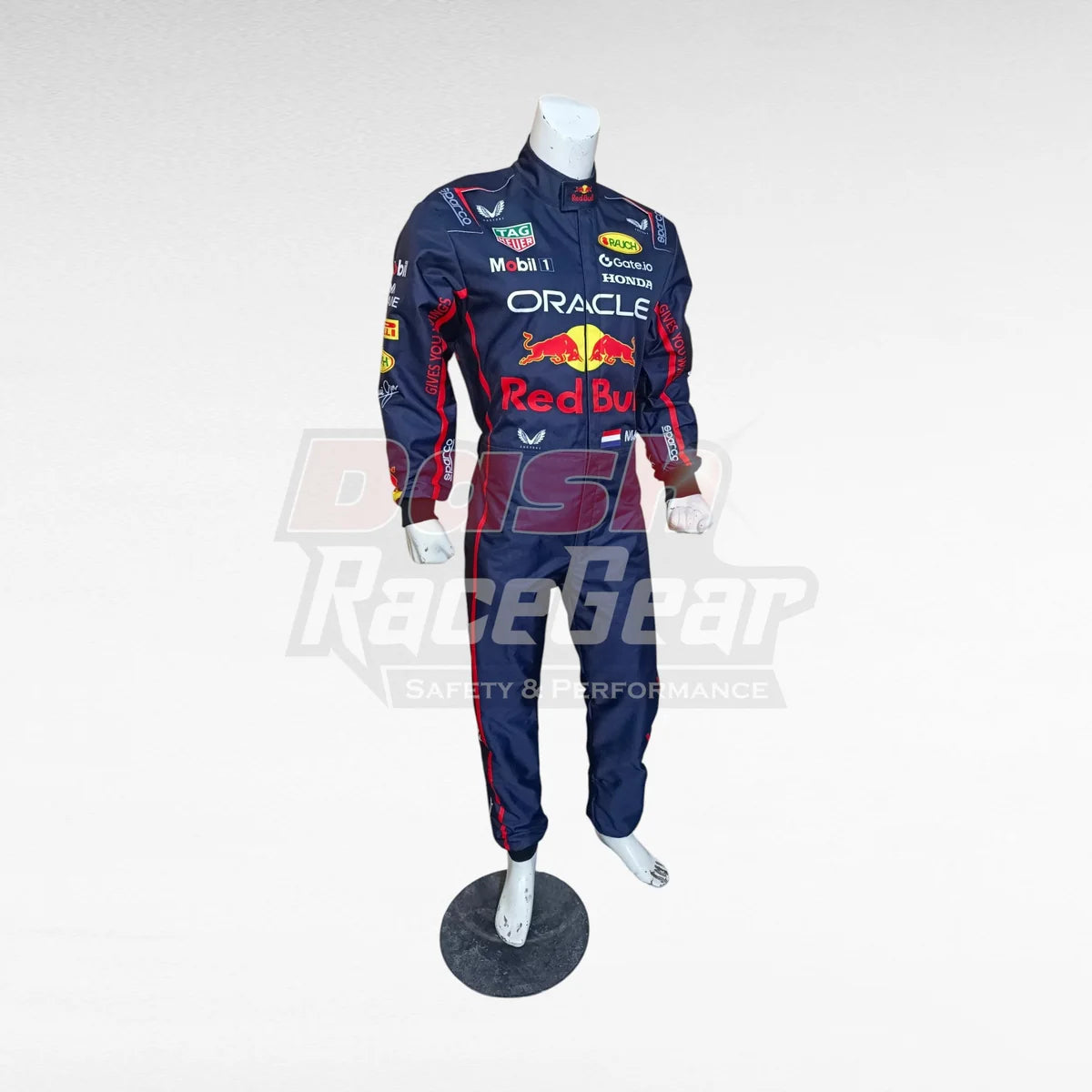 Navy Oracle Red Bull Max Verstappen replica racing suit, three-quarter right view on mannequin