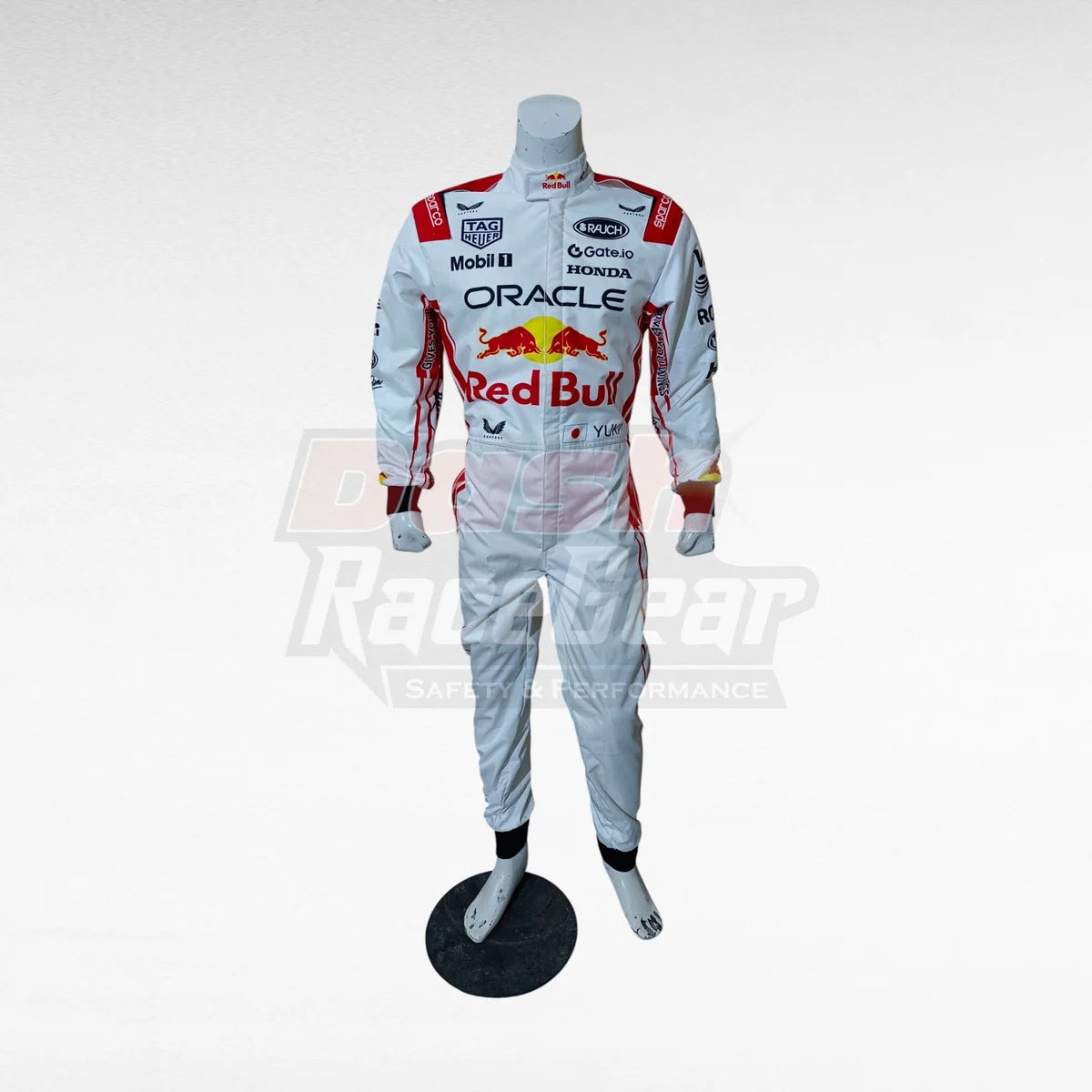 White Oracle Red Bull Yuki Tsunoda replica racing suit, front view on mannequin