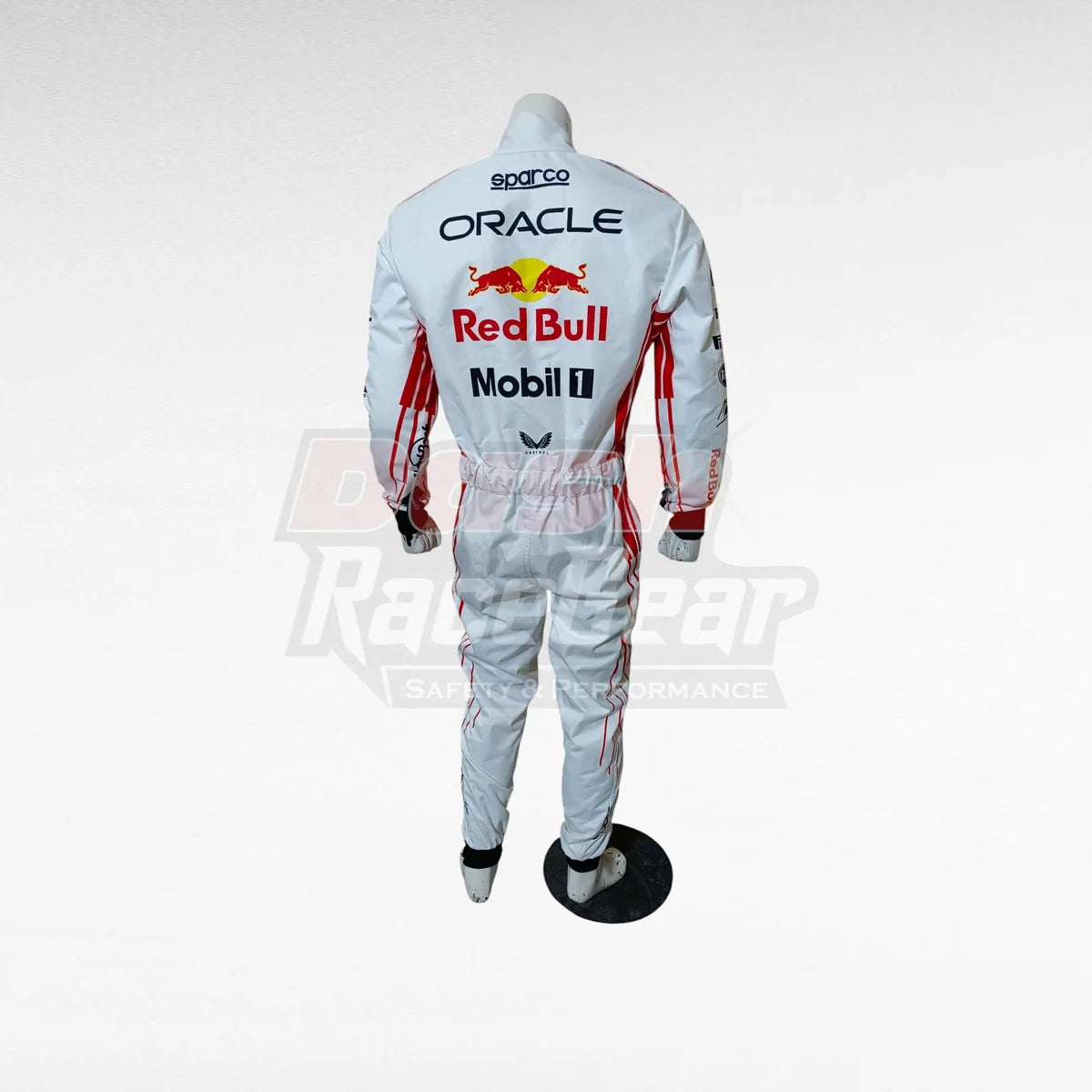 White Oracle Red Bull Yuki Tsunoda replica racing suit, rear view on mannequin