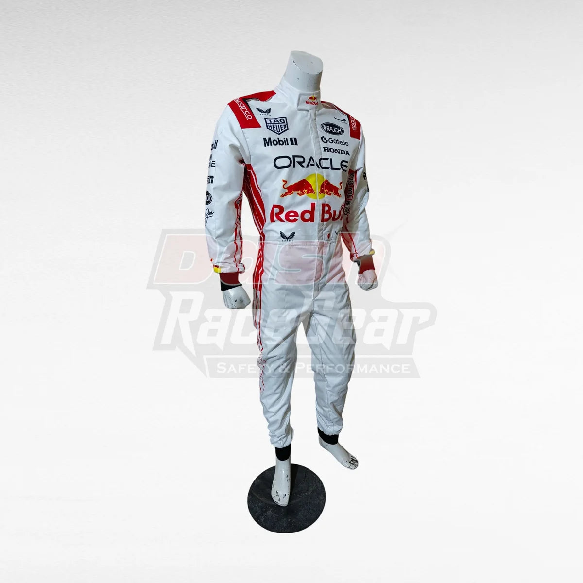 White Oracle Red Bull Yuki Tsunoda replica racing suit, three-quarter view on mannequin