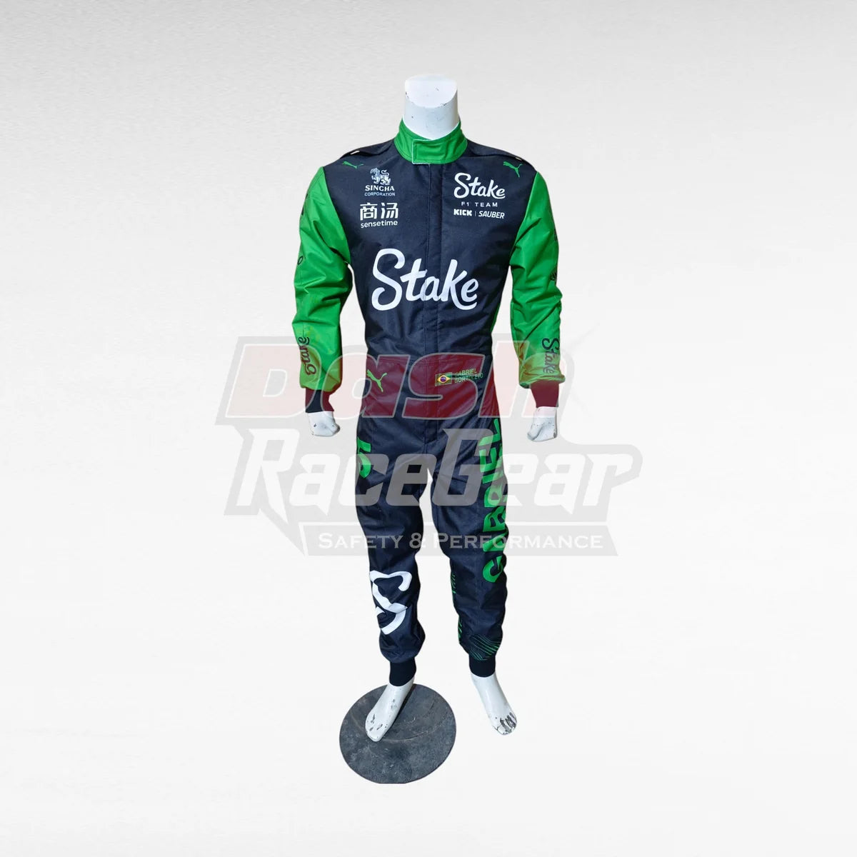 Black and green Stake Sauber Gabriel Bortoleto replica racing suit, front view on mannequin