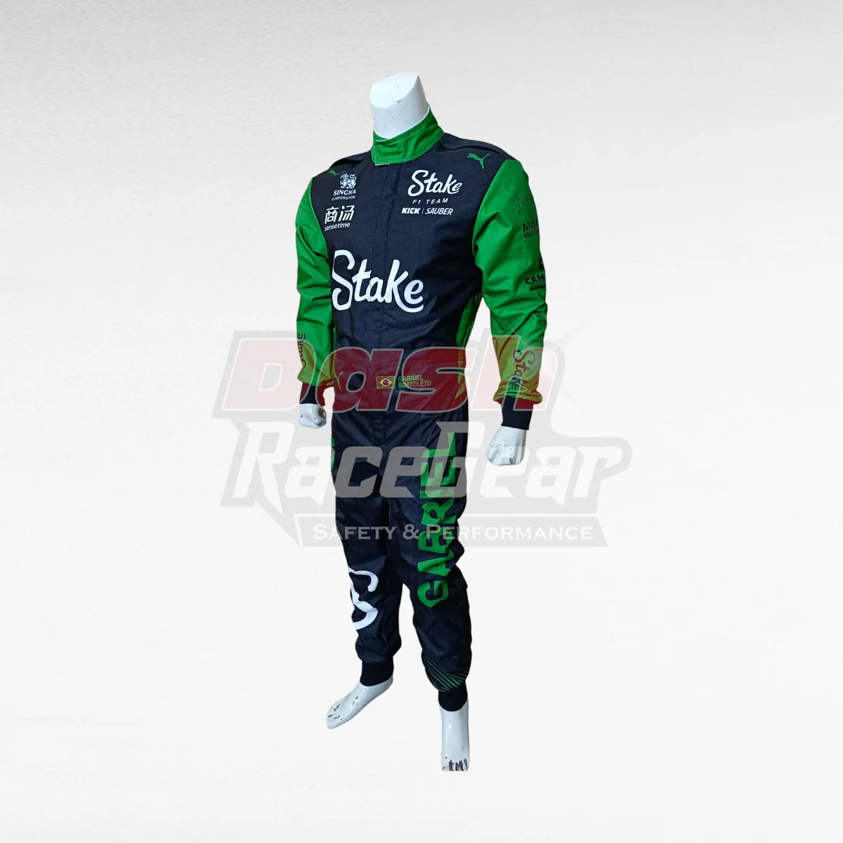 Black and green Stake Sauber Gabriel Bortoleto replica racing suit, three-quarter right view on mannequin