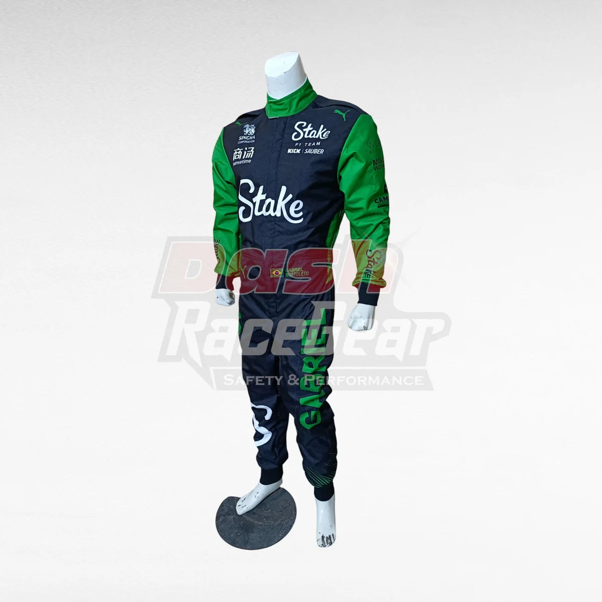 Black and green Stake Sauber Gabriel Bortoleto replica racing suit, three-quarter view with stand