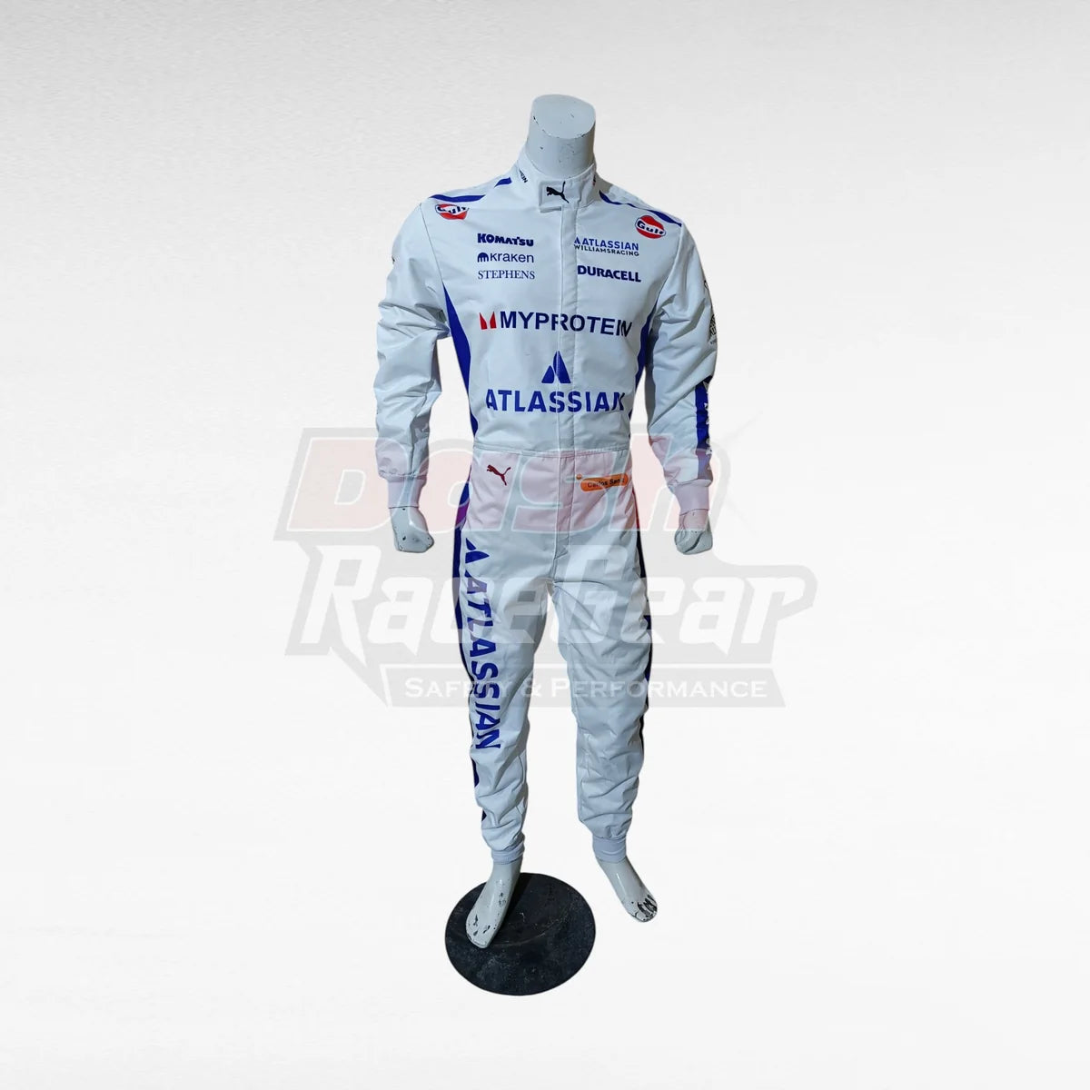 White Williams Carlos Sainz replica racing suit, front view with mannequin stand