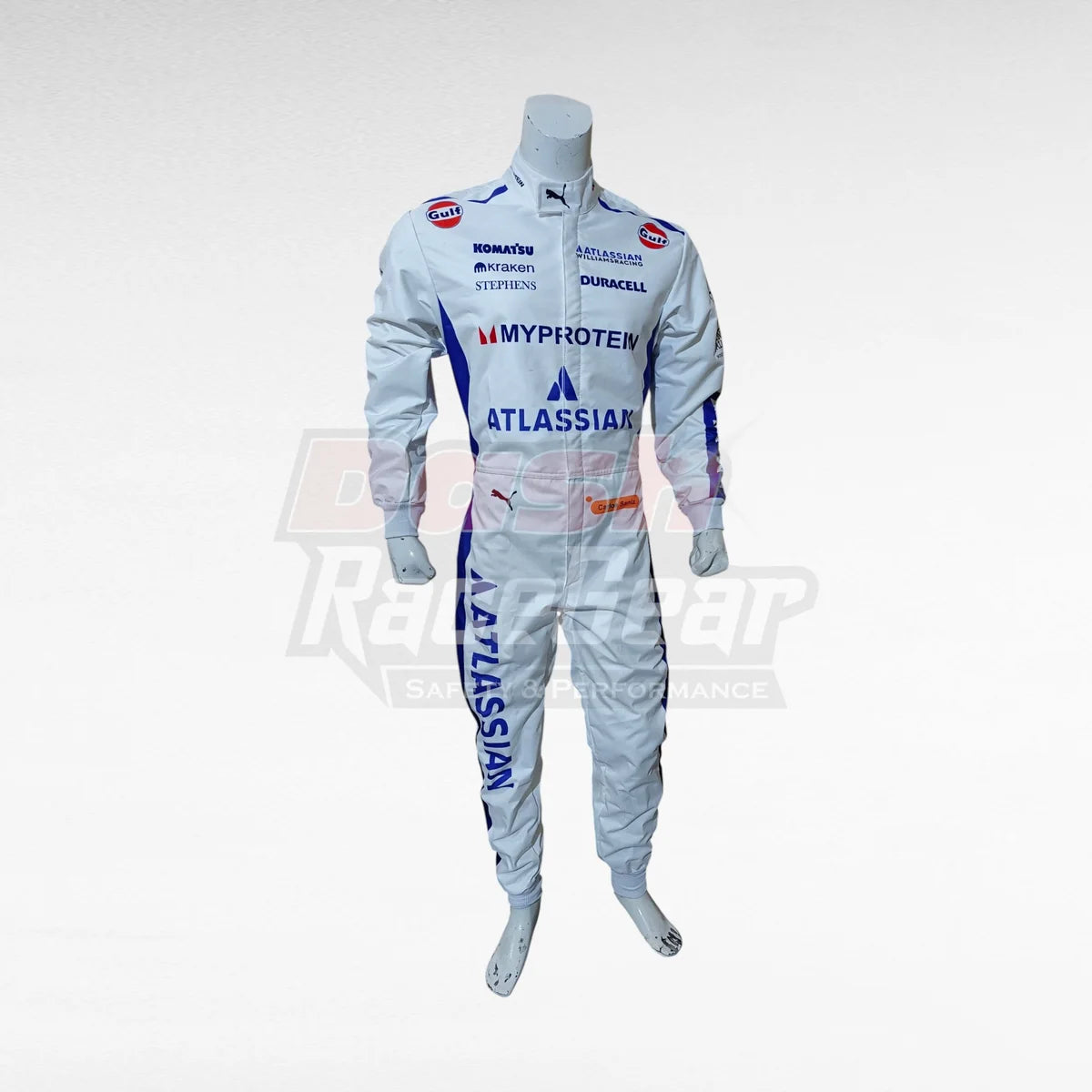White Williams Carlos Sainz replica racing suit, front view on mannequin
