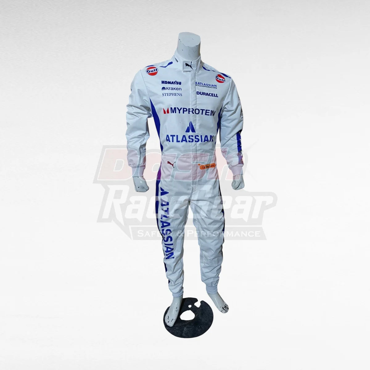 White Williams Carlos Sainz replica racing suit, three-quarter view on mannequin